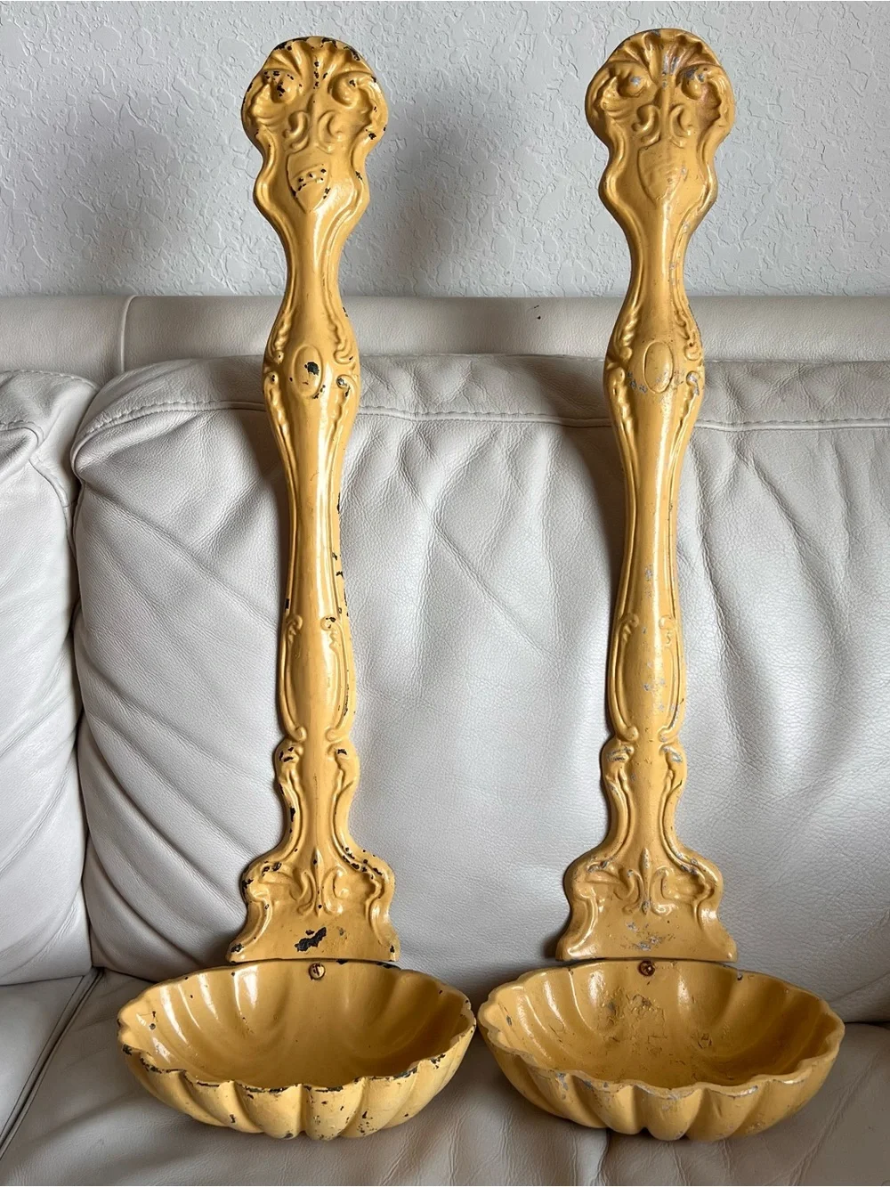 Vintage MCM Cast Metal Yellow Decorative Wall Sconces Large Ladle/ Shell